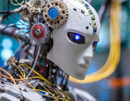 A close up of a robot head with gears and wires
