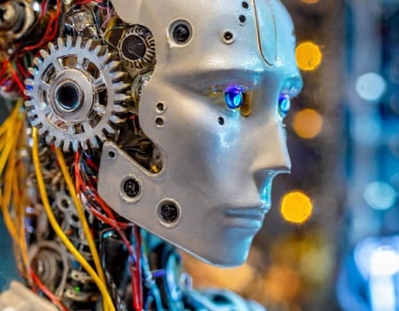 A close up of a robot head with gears and wires