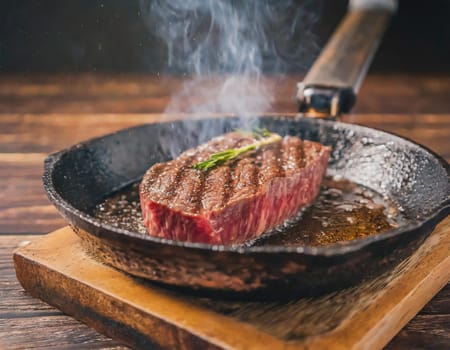 A close-up view of a piece of Wagyu steak cooking in a hot pan on a wooden table.