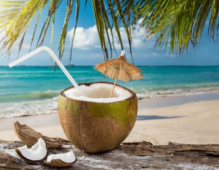 A coconut cocktail with a straw on the palm beach