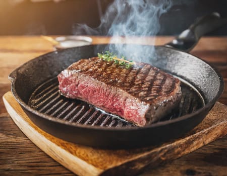 A close-up view of a piece of Wagyu steak cooking in a hot pan on a wooden table.