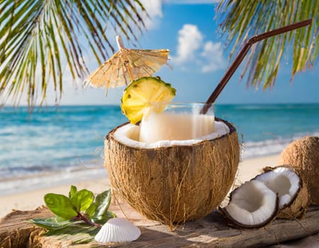 A coconut cocktail with a straw on the palm beach