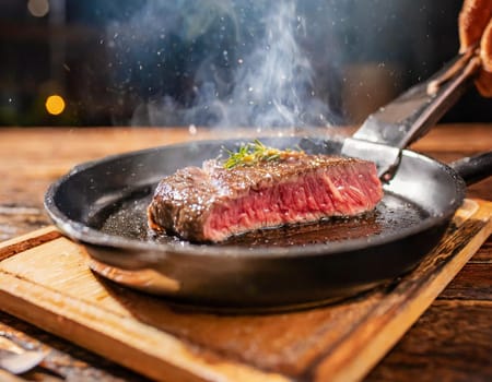 A close-up view of a piece of Wagyu steak cooking in a hot pan on a wooden table.