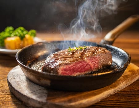 A close-up view of a piece of Wagyu steak cooking in a hot pan on a wooden table.
