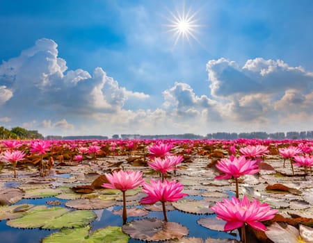 A field of pink lotus flowers under the sun, with petals glowing in shades of magenta.