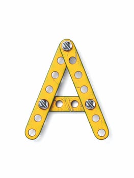 Aged yellow constructor font Letter A 3D rendering illustration isolated on white background
