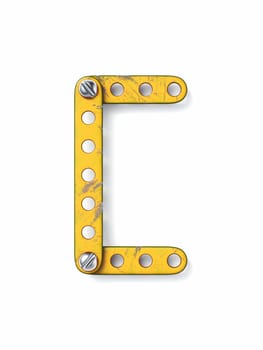 Aged yellow constructor font Letter C 3D rendering illustration isolated on white background