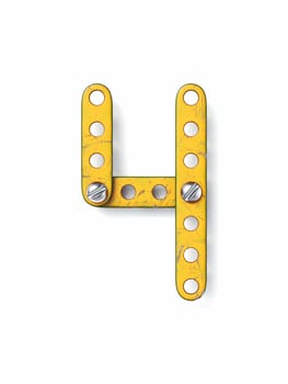 Aged yellow constructor font Number 4 FOUR 3D rendering illustration isolated on white background