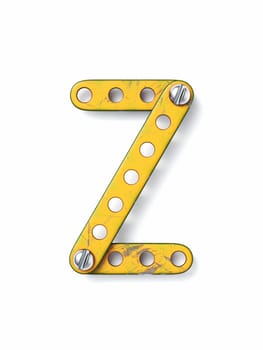 Aged yellow constructor font Letter Z 3D rendering illustration isolated on white background