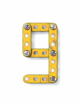 Aged yellow constructor font Number 9 NINE 3D rendering illustration isolated on white background