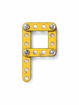 Aged yellow constructor font Letter P 3D rendering illustration isolated on white background