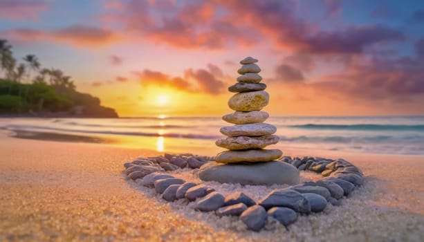 Stones cairn piled up on an exotic beach at dawn. Calm view to the sunrise above the sea