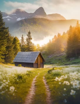 Old wooden cabin on a valley surrounded by coniferous forest and mounts under soft mist with a trail leading to the cottage across a meadow of white flowers