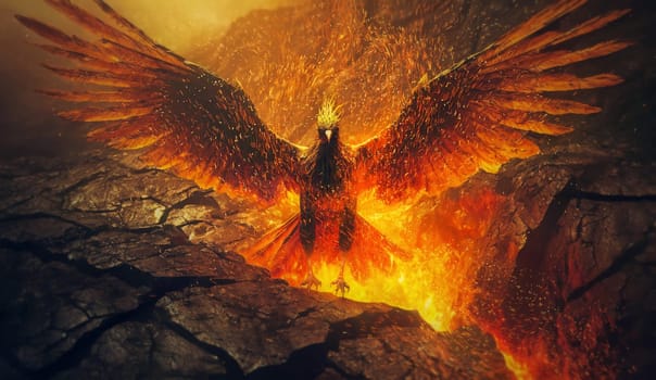 Dark phoenix bird rising out of volcano lava burst and ashes through the cracks of melting magma