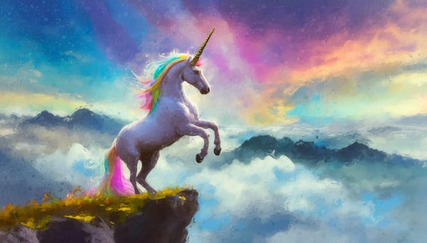 Wild and free unicorn standing on rear hoof at the edge of a cliff above the clouds with a scenery view