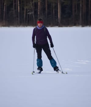 Russia, Volgodonsk - January 18, 2015: SkiingTraining ride on skis. Winter sport