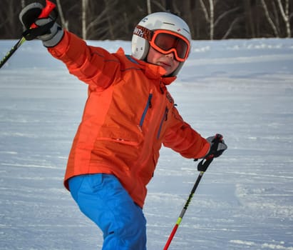 Russia, Volgodonsk - January 18, 2015: SkiingTraining ride on skis. Winter sport