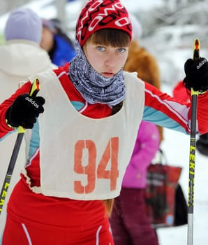 Russia, Volgodonsk - January 18, 2015: SkiingTraining ride on skis. Winter sport