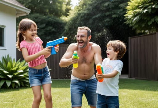 AI generated of father and children playing with water guns in backyard