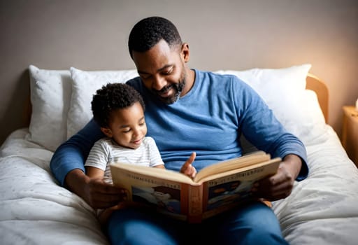 AI generated of a man and his son reading a book on a bed