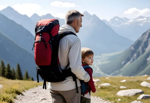 AI generated of a man and a child with backpacks on a trail