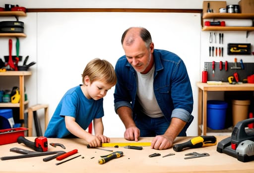 AI generated of a man and boy working on a project in a workshop