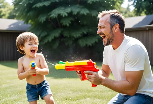 AI generated of father and son playing with water guns