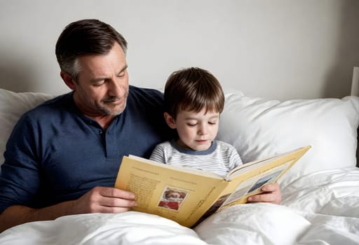 AI generated of a man and his son reading a book on a bed