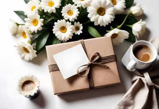 AI generated of gift box with flowers and coffee on white background