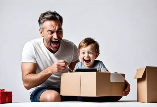 AI generated of a man and a child are sitting in a box with a present