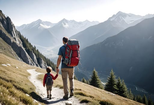 AI generated of a father and son are walking on a trail with mountains in the background