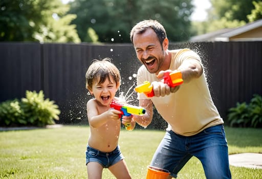 AI generated of father and son playing with water guns in backyard