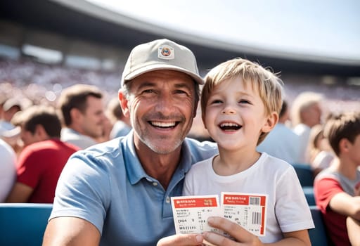 AI generated of a man and a young boy are smiling while holding tickets