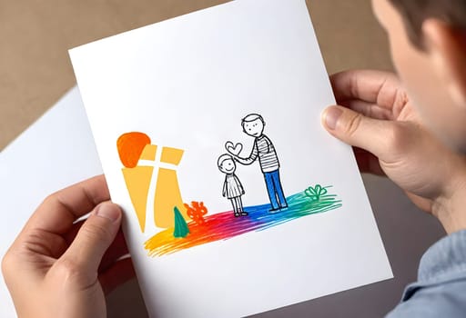 AI generated of a person holding a card with a drawing of a child and a father