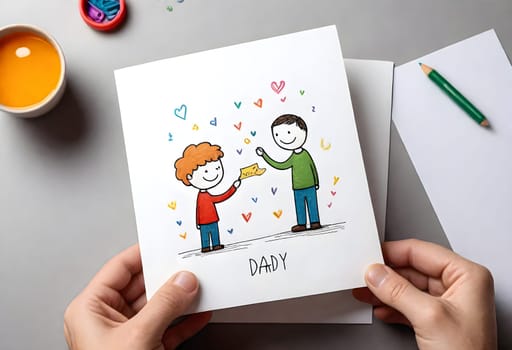 AI generated of a person holding a father's day greeting card with a drawing of a father and son