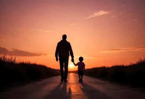 AI generated of a father and son holding hands and walking down a path at sunset