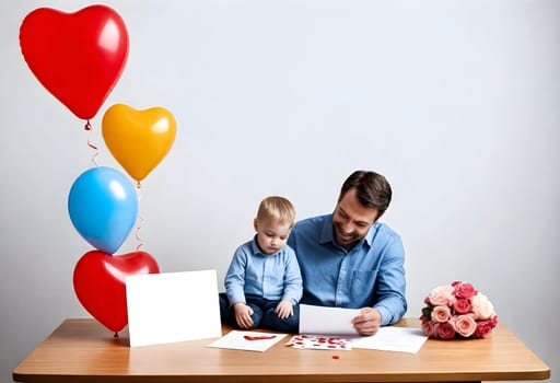 AI generated of a man and a child sitting at a table with balloons and hearts