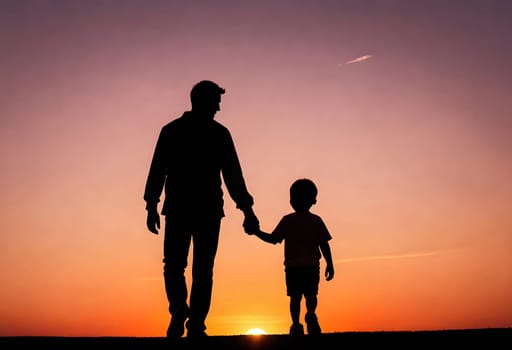 AI generated of a father and child are silhouetted against the sunset