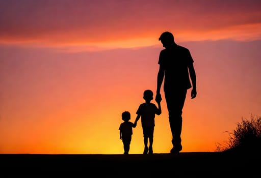 AI generated of a man and two children walking at sunset