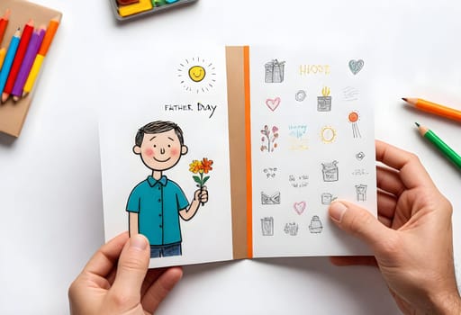 AI generated of a person holding a book with a drawing of a man holding a flower