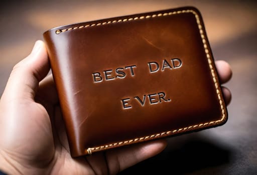 AI generated of a hand holding a wallet that says best dad ever