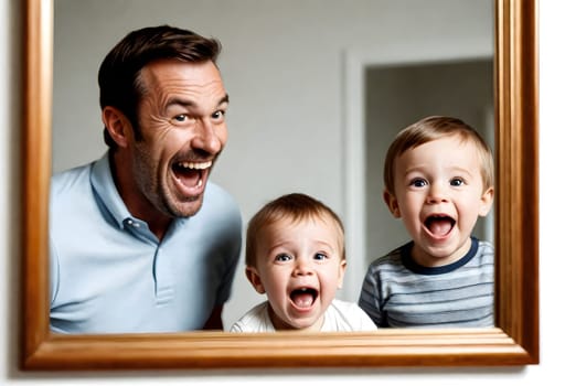 AI generated of a man and two children are smiling with their mouths open and looking into a mirror