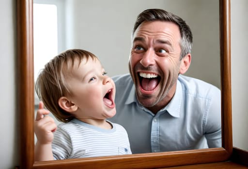 AI generated of a man and a child are laughing in front of a mirror