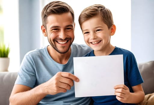 AI generated of a man and a boy are sitting on a couch holding up a blank paper
