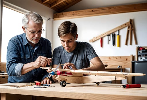 AI generated of a man and a boy working on a model airplane