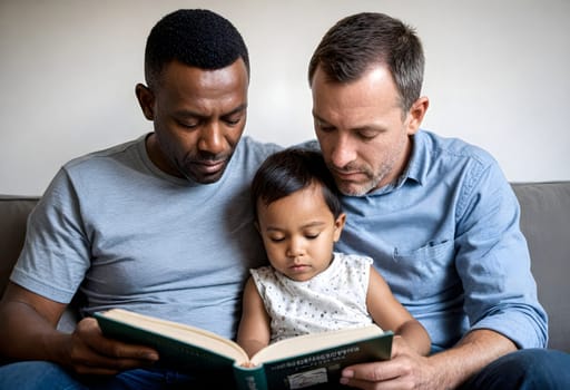 AI generated of two men and a child reading a book