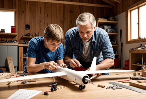 AI generated of a man and boy working on a model airplane