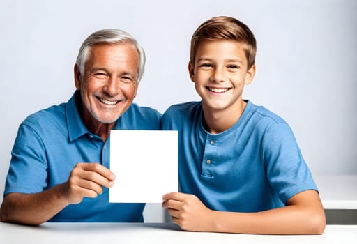 AI generated of a man and boy holding up a blank paper