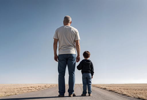 AI generated of a man and a child are standing in the middle of a road.