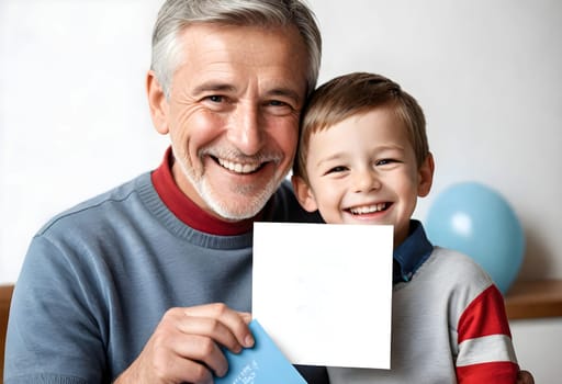 AI generated of a man and a boy holding up a blank card